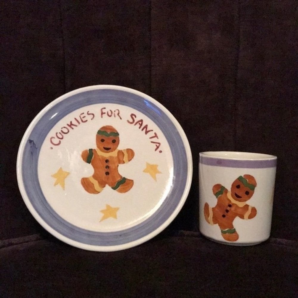 RARE Made in Italy Hand Painted Santa Cookie Plate and Milk Cup